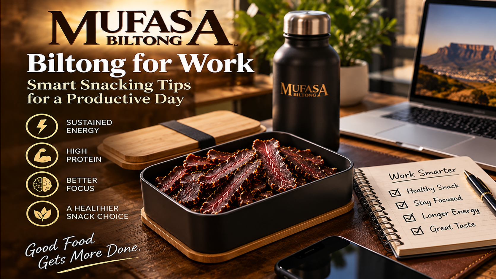 Biltong for work packed beside a notebook and reusable water bottle on an office desk