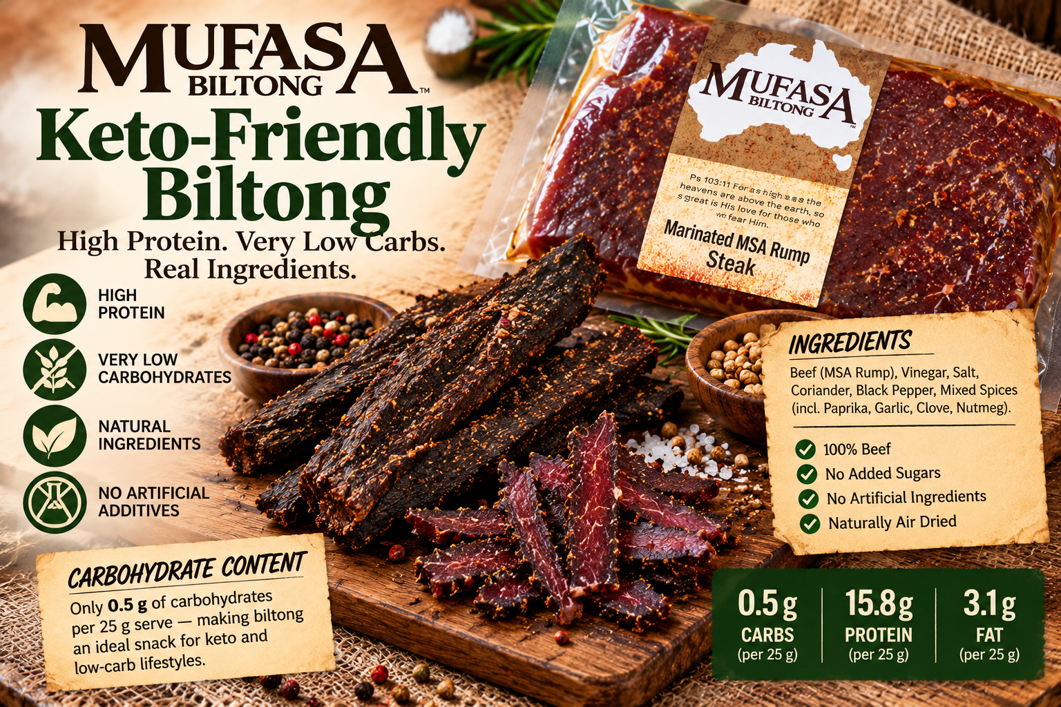 Keto-friendly biltong slices with a nutrition label showing carbohydrates, sugar and protein