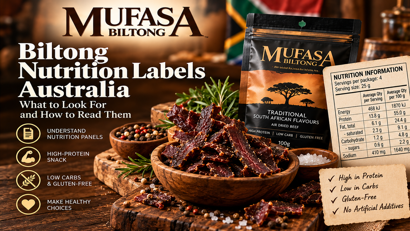 Biltong nutrition labels Australia shoppers can compare for protein, sodium and serving size