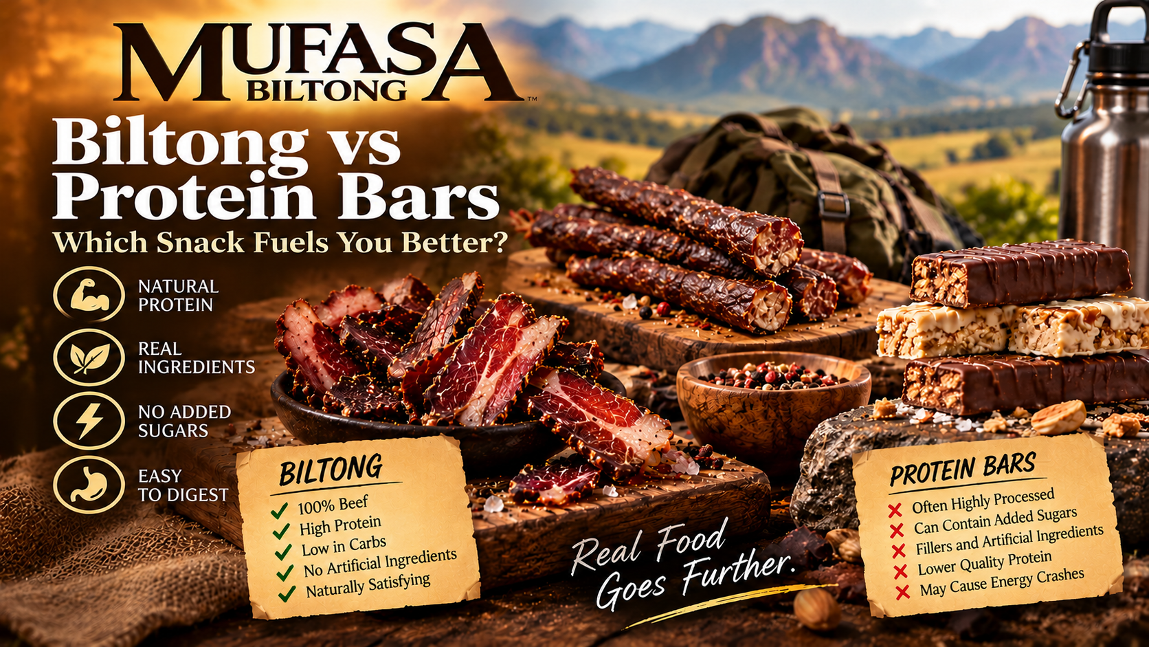 Biltong vs protein bars comparison showing sliced biltong beside packaged protein bars