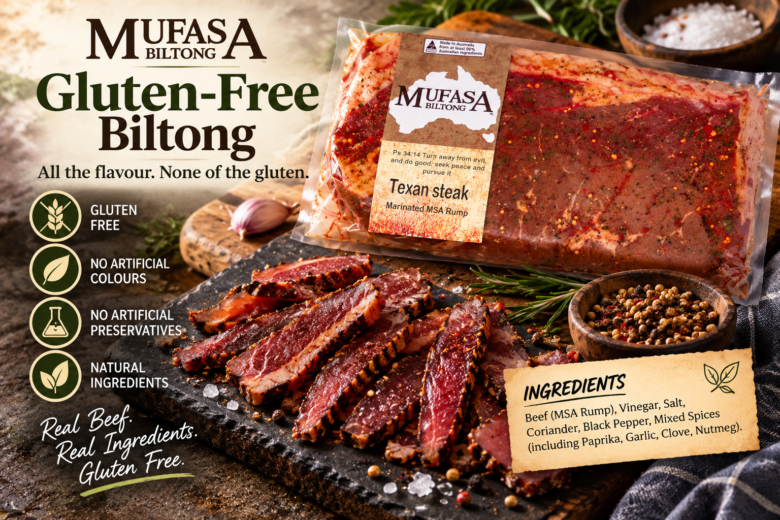 Gluten-free biltong shopping guide with sliced biltong and a product ingredients label