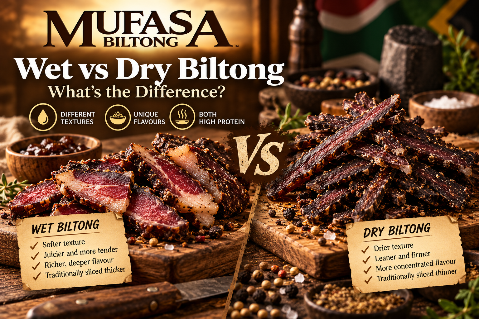 Wet vs dry biltong pieces showing a softer moist centre and a darker, firmer dried texture